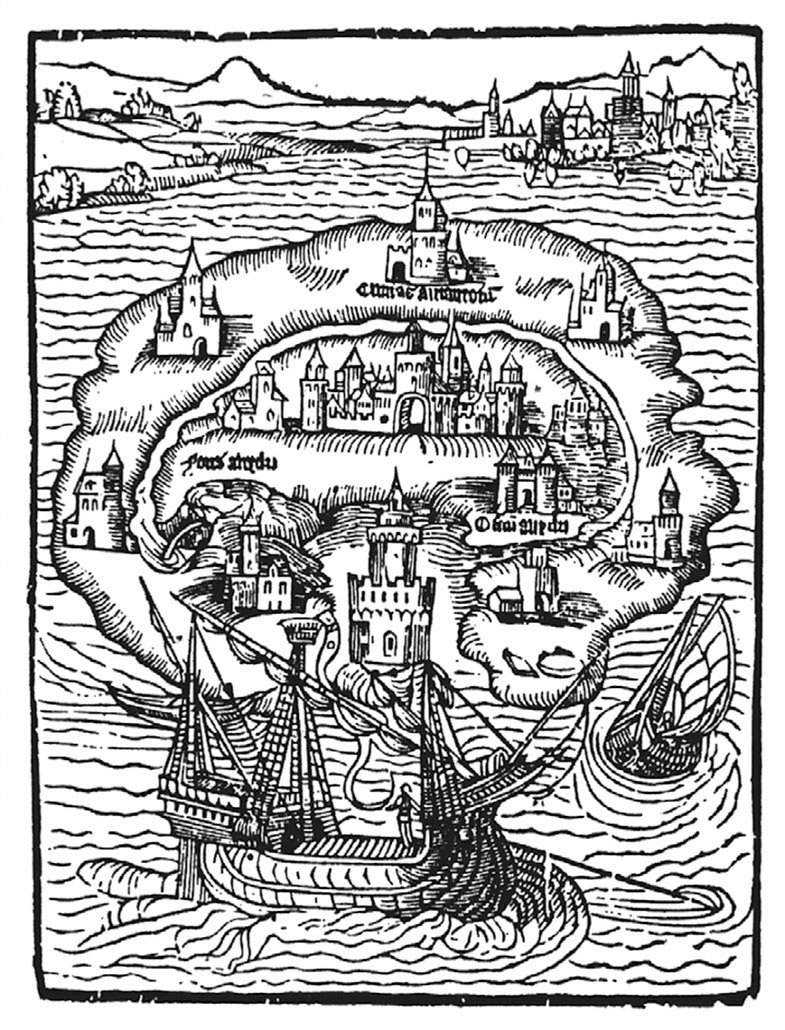 Der Holzschnitt zeigt eine frühe Vorstellung von Utopia in »De optimo rei publicae statu deque nova insula Utopia« von Thomas Morus, 1516.