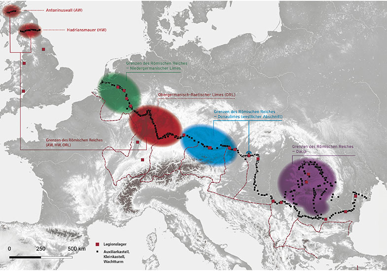 Verlauf der Grenzen des Römischen Reiches in Europa mit den aktuell eingetragenen Welterbestätten, den wichtigsten Militäranlagen und den Grenzprovinzen.