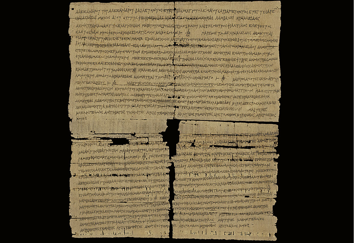 Abb. 1 Der Papyrus (P.Eleph. 1) mit Angaben zum Exponat dem sog. Ehevertrag von Elephantine.