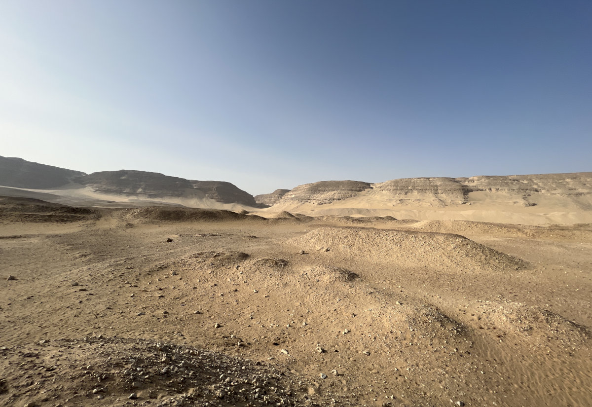 Blick über die Königsnekropole in die Wüste. Im Hintergrund ist das große «wadi» zu erkennen, das in das Hochplateau einschneidet. Im rechten Mittelgrund liegt ein modern angehäufter Tumulus über dem Grab des Königs Qa‘a der 1. Dynastie (ca. 2900 v. Chr.).