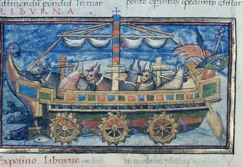 Ballista fulminalis mit charakteristischer Bogenstrebe, Oxforder Codex des Anonymus de rebus bellicis: Bodleian Library MS. Canon. Misc. 378 fol. 76 r.