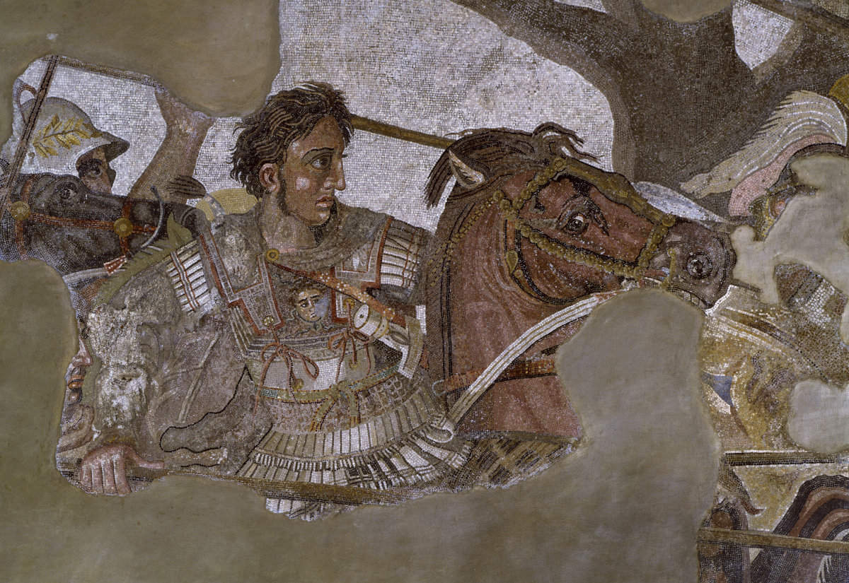 Ausschnitt Alexander der Große und Seleukos I. Nikator aus dem Alexandermosaik.
