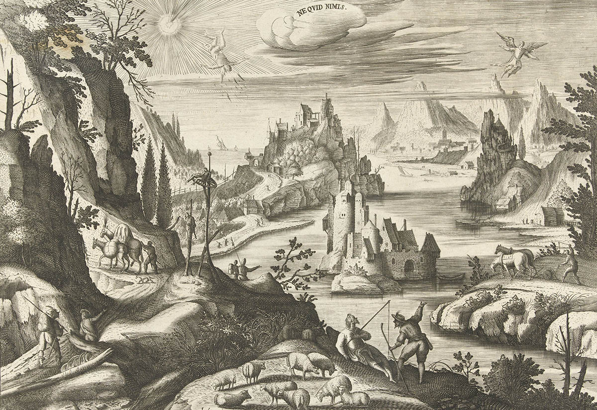 Hendrick Hondius (1573-1650): Landschaft mit dem Sturz des Ikarus – Ne quid nimis