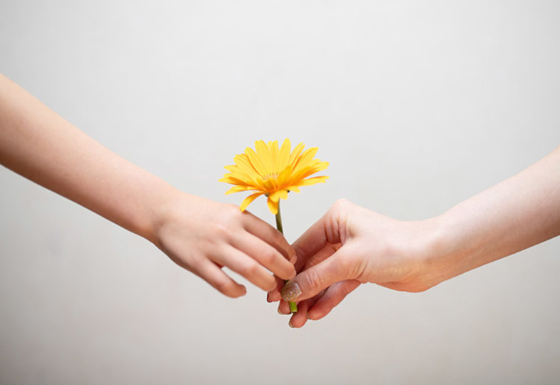 Eine Kinderhand und eine erwachsene Hand halten gemeinsam eine gelborangene Blume fest.