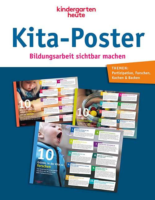 Kita-Poster: Bildungsarbeit sichtbar machen. Themen: Partizipation, Forschen, Kochen & Backen