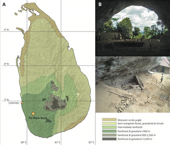 Karte Sri Lankas und die Ausgrabungsstätte Fa-Hien mit Ansicht der Höhle und dem Abschnitt, wo die Materialien der Studie gewonnen wurden.