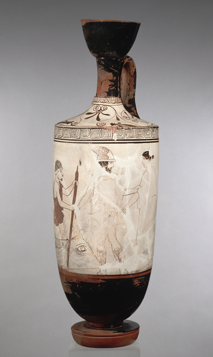 Ängstlich nähert sich die Verstorbene dem Fährmann. Weißgrundige Lekythos des Thanatos-Malers, um 450 v. Chr.