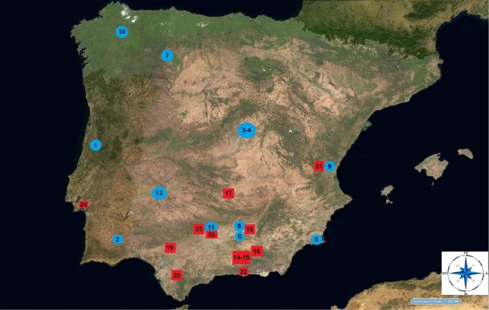 Funde von Kameliden Knochenresten auf der Iberischen Halbinsel aus der Römerzeit. Referenzkarte: https://www.ign.es/iberpix/visor/.