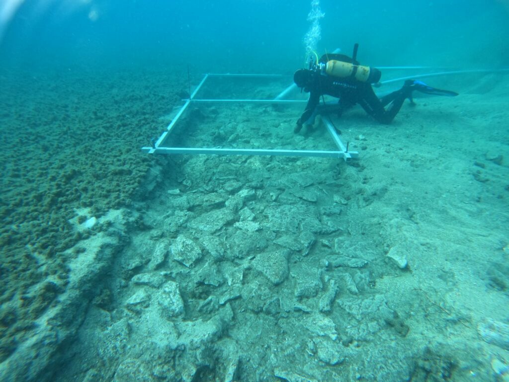 Zu sehen ist eine Unterwasseraufnahme der Steinstraße. Ein Taucher dokumentiert einen Teil der Straße.