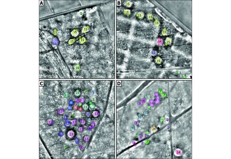 Vier Beispiele für Lidar-Karten, die zeigen, welche Orte von Freiwilligen als Grabhügel identifiziert wurden und wie oft sie unabhängig voneinander ausgewählt wurden