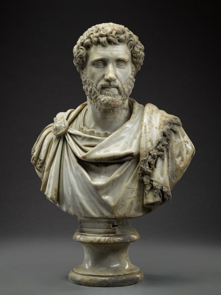 Porträtbüste des Antoninus Pius. Zu sehen ist ein bärtiger Mann mit gelockten, kurzen Haaren. Er trägt eine Tunika und einen Mantel, der auf der rechten Schulter gefibelt ist. Der Saum des Mantels weist eine Verzierung mit einer Borte auf.