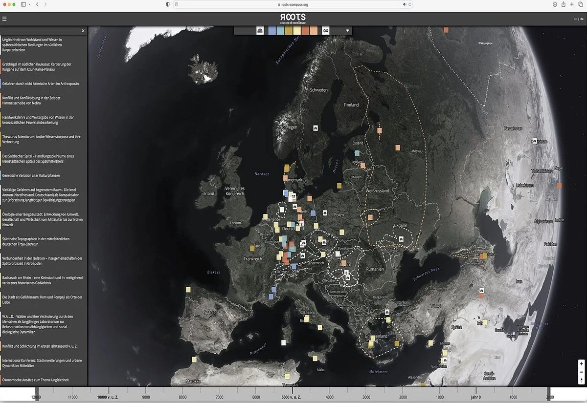 Der erste Zugang zu den ROOTS-Projekten im interaktiven ROOTS-Kompass ist geografisch. Ein Globus zeigt, wo auf der Welt der Exzellenzcluster forscht