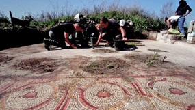 Zu sehen ist die Freilegung des Mosaikbodens. Im Vordergrund sind die stilisierten roten, kelchförmigen Blüten zu sehen, die aus kleinen Mosaiksteinen gelegt wurden. Das Muster wiederholt sich auf dem ganzen Mosaikboden.