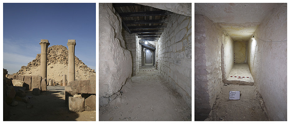 Sahura  Von links nach rechts: Außenansicht der Pyramide. Ein mit Stahlträgern abgesicherter Gang. Einer der entdeckten Lagerräume. Bild: Mohamed Khaled / Uni Würzburg