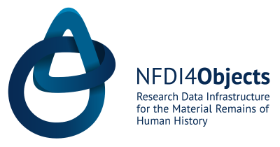 Logo von NFDI4Objects: ein in sich geschlossene Linie, die die Ziffer 4 und den Buchstaben "O" bildet. Daneben steht NFDI4Objects, Research Data Infrastructure for the Material Remains of Human History