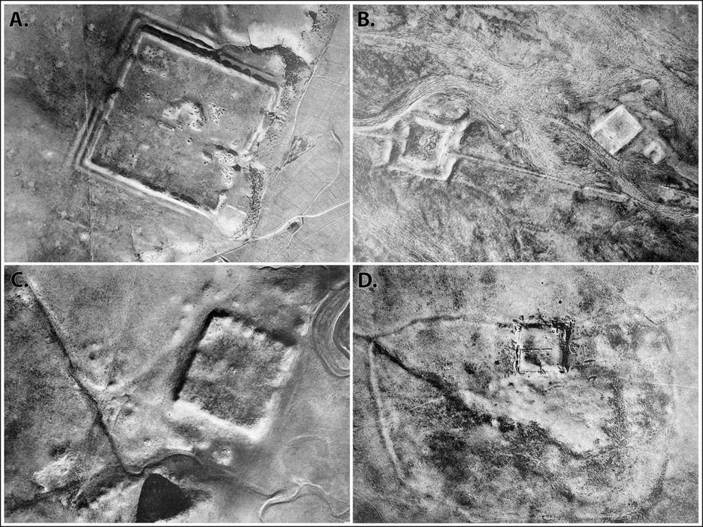 Eine Auswahl von Poidebards Luftaufnahmen: A) Fort bei Qreiye; B) römisches Fort und mittelalterliche Karawanserei bei Birke; C) Fort bei Tell Zenbil; und D) Castellum bei Tell Brak