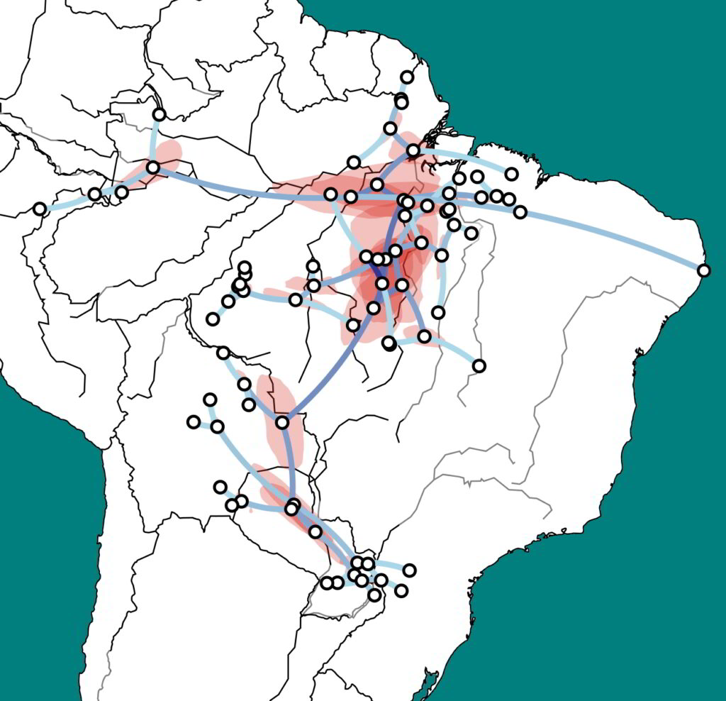 Modell der geografischen und verwandtschaftlichen Beziehungen der Tupí-Guaraní-Sprachfamilie: Hellblaue Linien zeigen eine Verwandtschaftsbeziehung an, dunklere Farbe soll eine frühere Wanderung/Auftrennung anzeigen. Rot sind geografische Gebiete eingefärbt, an denen mit 80-prozentiger Wahrscheinlichkeit Auftrennung von Sprachen stattgefunden hat.